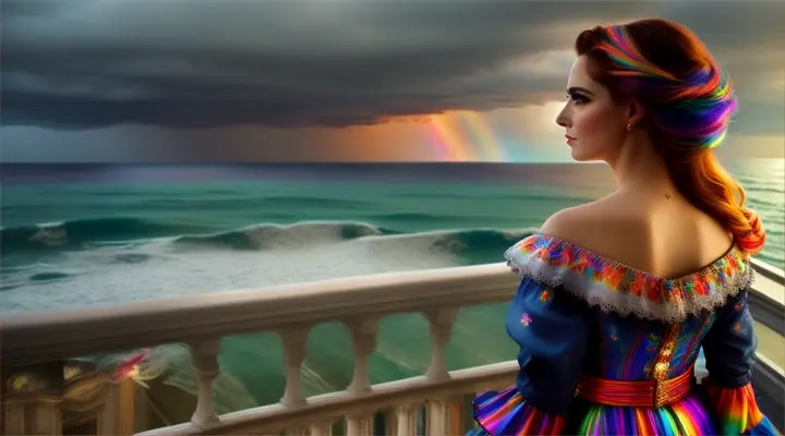 Aristocratic woman on a balcony overlooking a stormy sea, wind violently blowing her dress happy colors and hair, rainbow