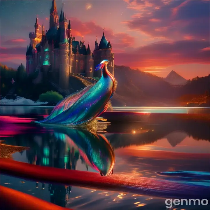 Produce a stunning digital art piece with realistic water and reflection
на фоне сказочной страны и красивого замка под ночным небом с бриллиантовыми звездами на берегу озера шикарная красивая русалка с огненно красным перевающимся хвостом танцует.  гипер детализированно, sharpen, CGI, сказка фентази 