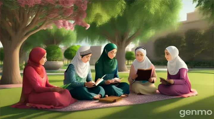 Islamic carton Muslim hijab beautiful kides friends reading the Quran back ground garden beautiful 3 d animatid kids”