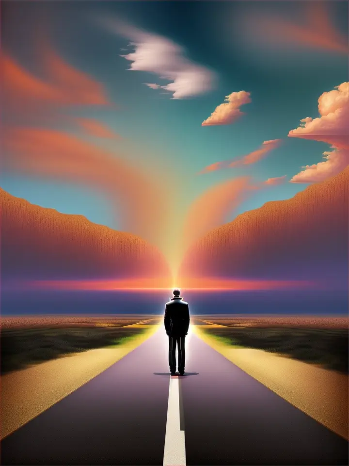  in an , depict a person standing at a crossroads, representing the many paths in life, digital_art style