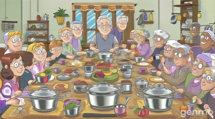 a group of people sitting around a table with pots and pans on it