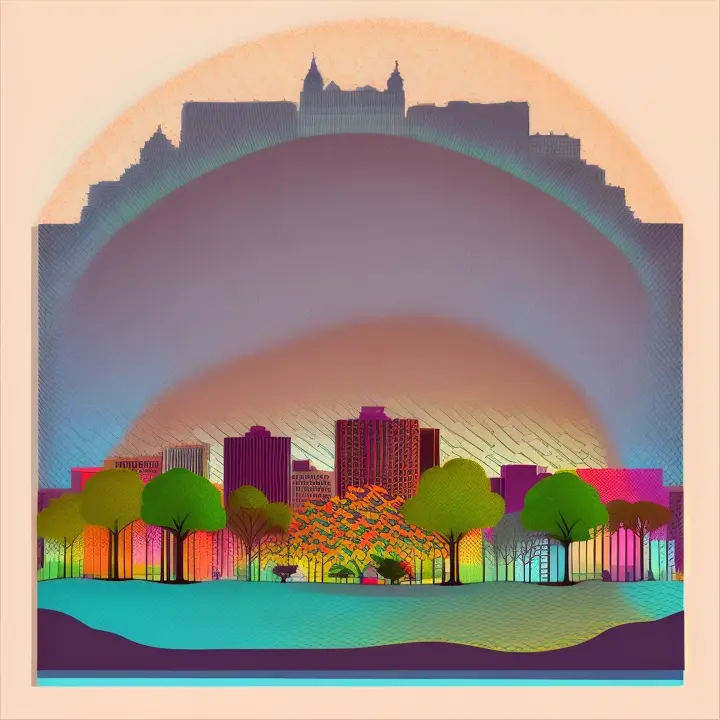  create an illustration that depicts the transformation of a cityscape through the addition of trees and cartoon-style hearts, advertising style