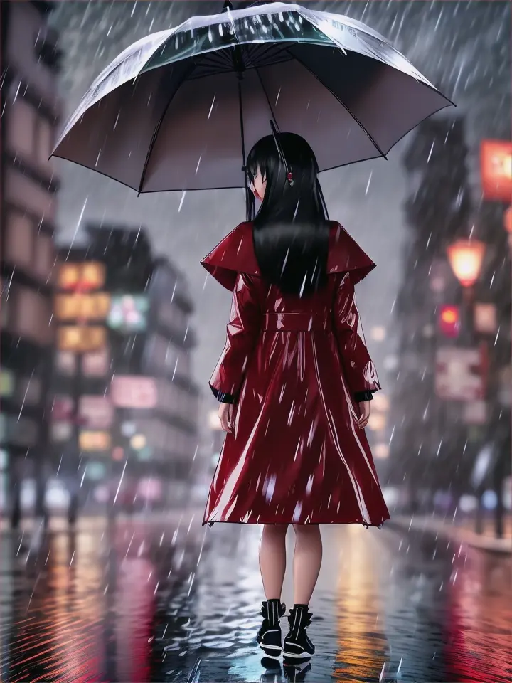  in a studio anime setting, capture a chinese girl bravely walking in the rain, advertising style