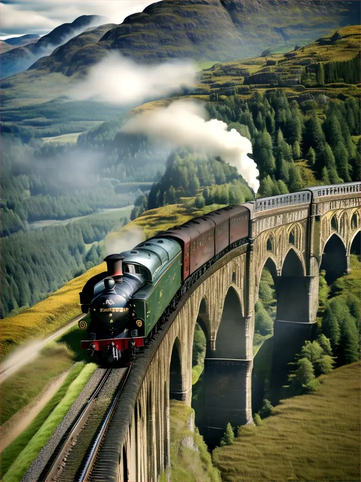  a steam train departs from the historic glenfinnan viaduct, surrounded by the lush greenery and rocky mountains of the scottish highlands, advertising style