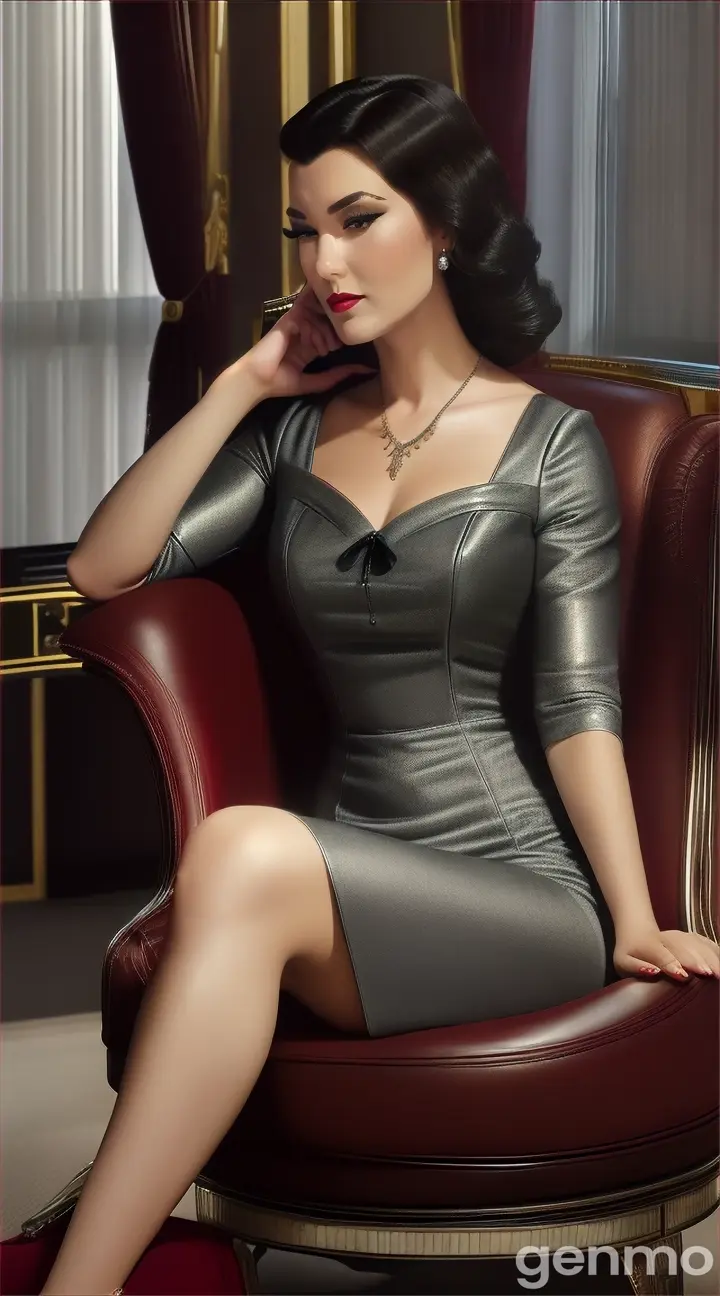 Luxury old fashioned upper class Office Glamour: A woman CEO reclines in a high-backed leather chair in her office, wearing a sleek, form-fitting dress with a deep neckline. The glow of the full moon is visible through the window, casting a soft light on her confident and alluring presence