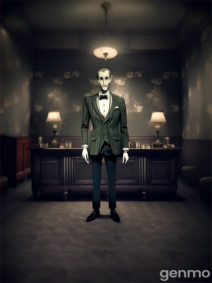 A dimly lit, old horror hotel lobby with faded wallpaper and antique furniture. The manager, a tall Young village man with a thin, unsettling smile, stands behind the counter. The atmosphere feels cold and unnerving." Animation 
