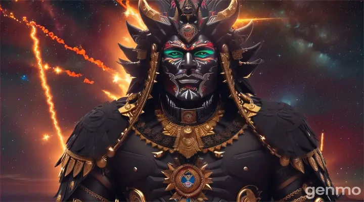 Mexica god of duality and destiny under a starry sky. The image highlights his dual nature: one side bright and powerful, and the other dark and mysterious, symbolizing his connection to night and chaos. His jaguar skin cloak billows as he stands on a battlefield, highlighting his association with war.