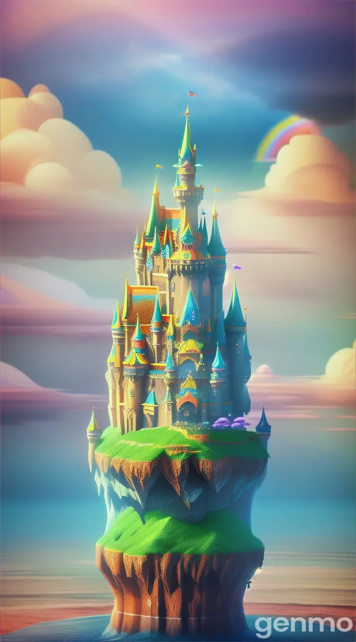 A surreal dreamscape featuring a fantasy castle atop a floating island, with a rainbow overhead