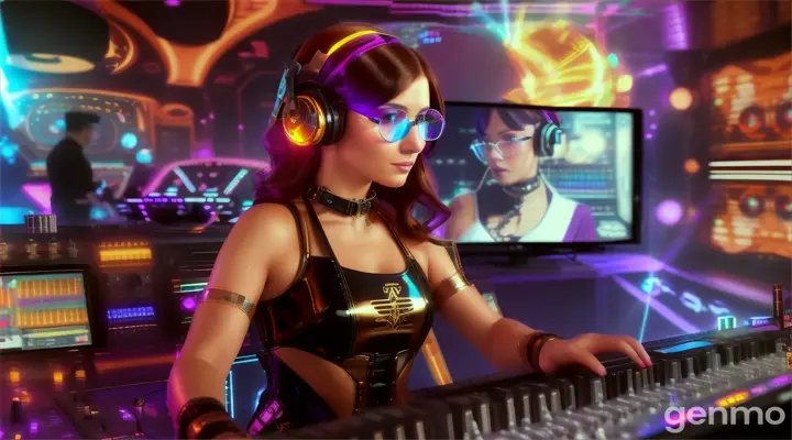 A slender woman with shapely hips and a larger bust than usual, wearing steampunk glasses, shiny headphones and a low-cut latex swimsuit, stands near a DJ mixing console and an electric piano in a steampunk club. Minimal clothing. Laser beams of bright colors against the background of large television screens. "FPV drone shot"