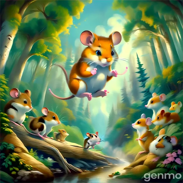 a painting of a mouse flying over a forest