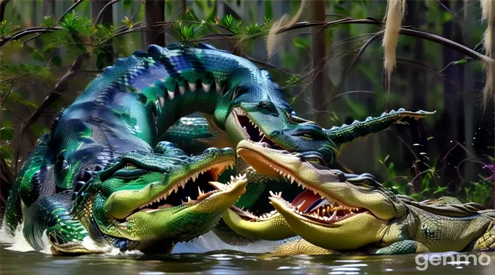 two alligators are fighting in the water