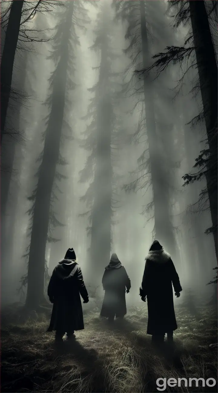 Creepy, decrepit men lurking in a dense, misty forest, illuminated by an eerie supernatural light