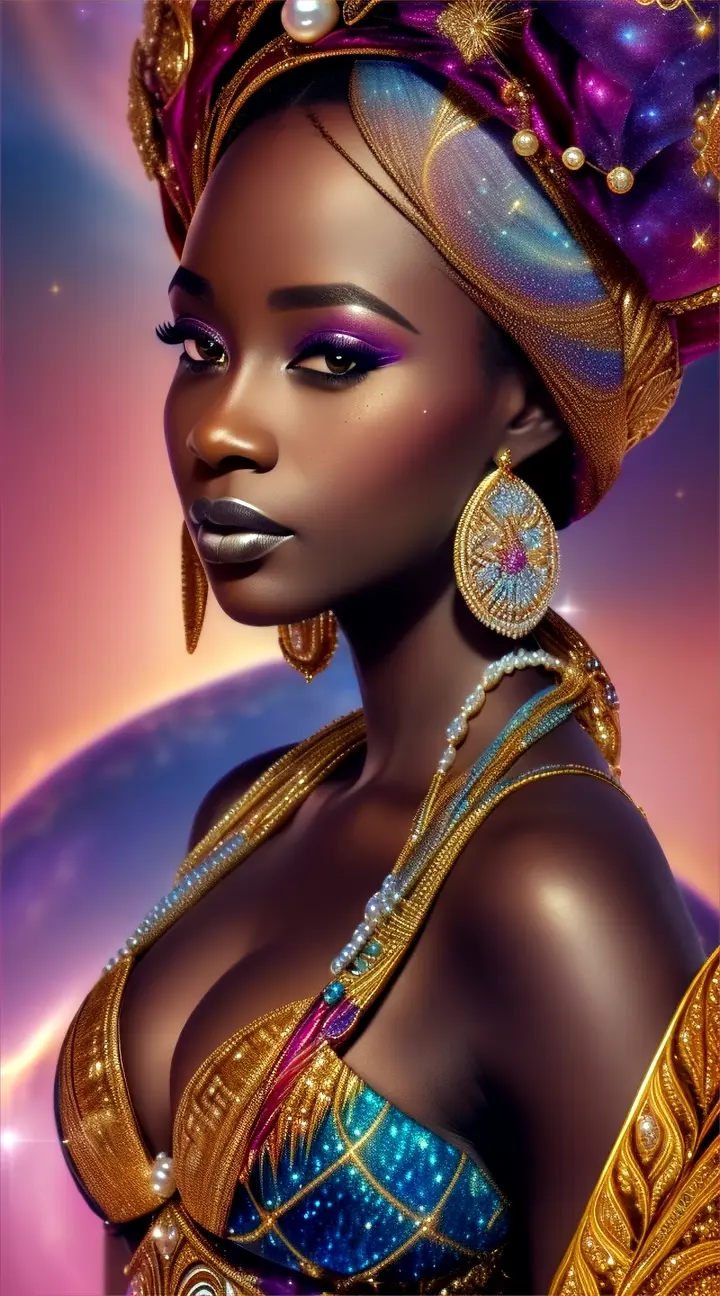 Mujer bella africana bikini opulento y elegante, background galaxy nebulosa y fuegos artificiales.