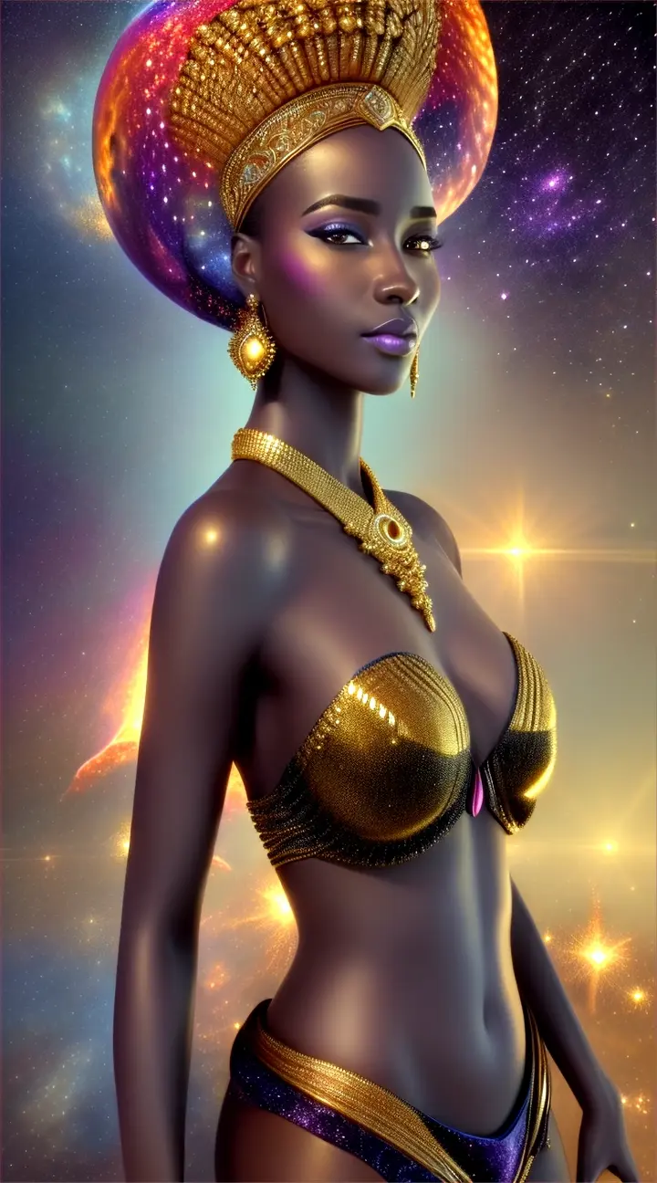 Mujer bella africana bikini opulento y elegante, background galaxy nebulosa y fuegos artificiales.