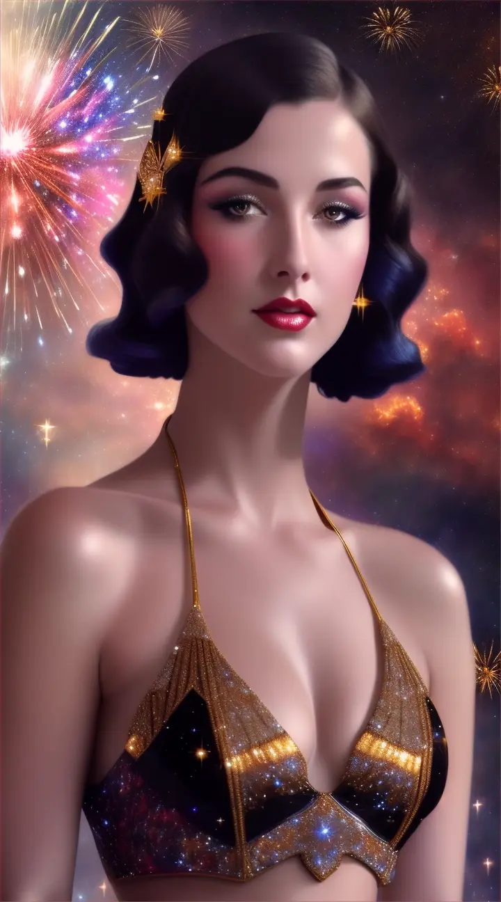 Mujer bella americana bikini opulento y elegante, background galaxy nebulosa y fuegos artificiales.