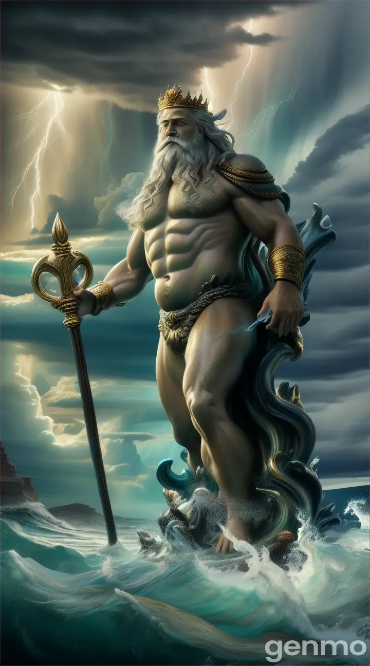 King Neptune emerging from turbulent, stormy waves, bolts of lightning striking nearby