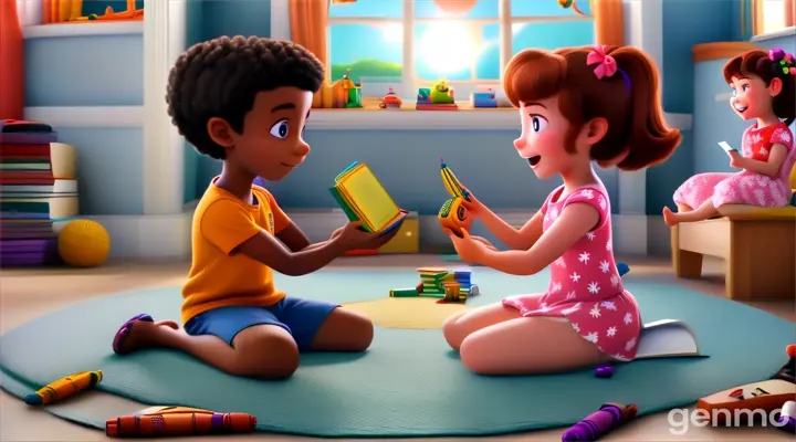 a boy and a girl sitting on the floor playing with a book