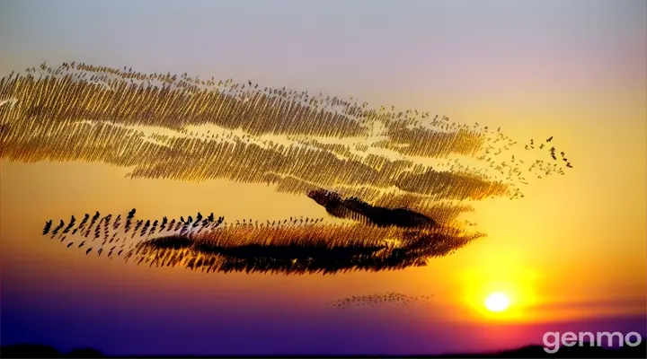 Monarch butterflies arriving in San Antonio during the sunset, silhouetted against a golden sky