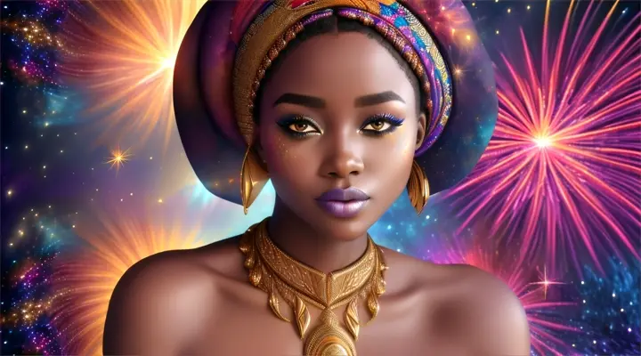 Mujer bella africana bikini opulento y elegante, background galaxy nebulosa y fuegos artificiales.