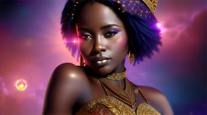 Mujer bella africana bikini opulento y elegante, background galaxy nebulosa y fuegos artificiales.