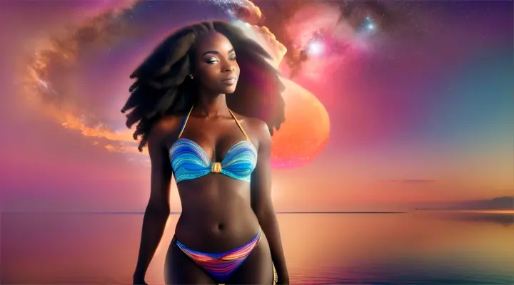 Mujer bella africana bikini opulento y elegante, background galaxy nebulosa y fuegos artificiales.