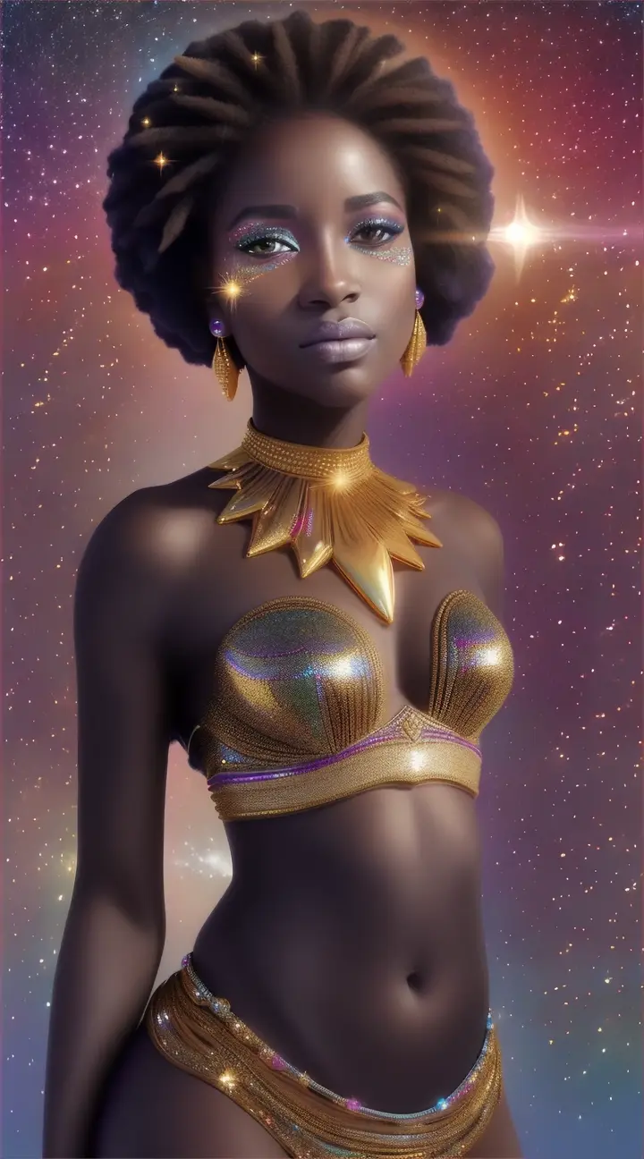 Mujer bella africana bikini opulento y elegante, background galaxy nebulosa y fuegos artificiales.