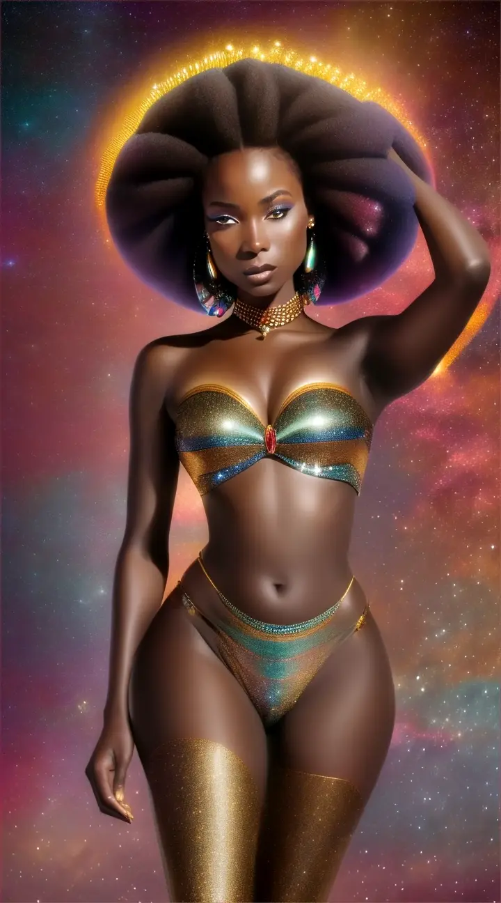 Mujer bella africana bikini opulento y elegante, background galaxy nebulosa y fuegos artificiales.
