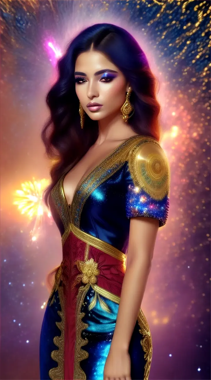 Mujer bella brasileña look opulento y elegante, background galaxy nebulosa y fuegos artificiales.