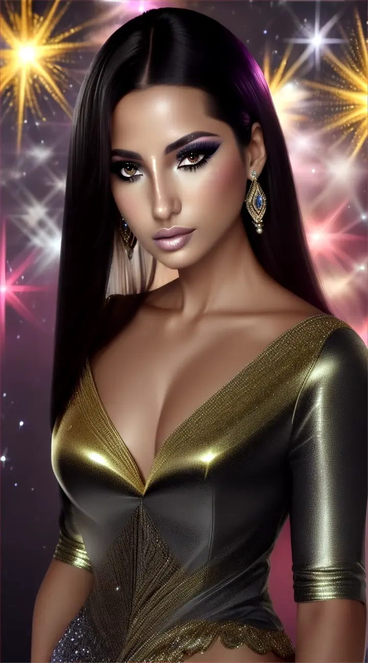Mujer bella brasileña look opulento y elegante, background galaxy nebulosa y fuegos artificiales.