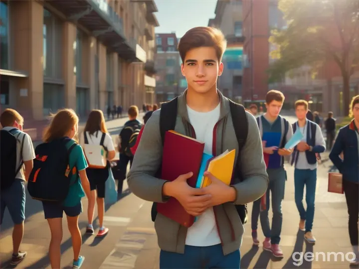 A young man is giong to the university carrying some books in his hand, some students following him