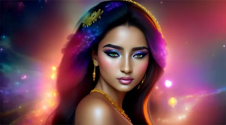 Mujer bella brasileña look opulento y elegante, background galaxy nebulosa y fuegos artificiales.