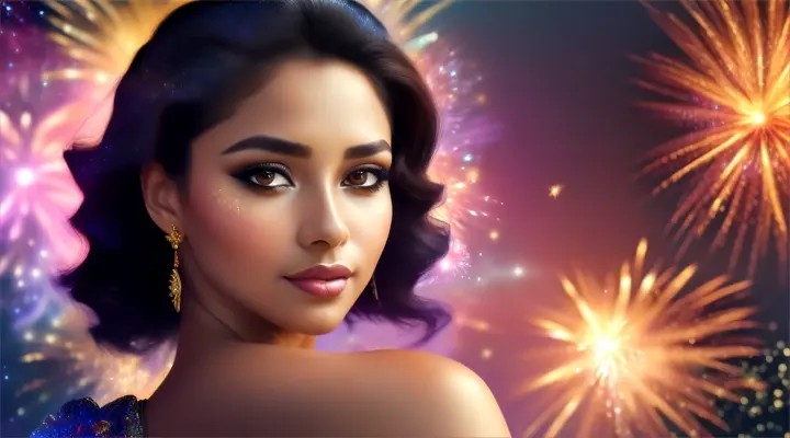Mujer bella brasileña look opulento y elegante, background galaxy nebulosa y fuegos artificiales.