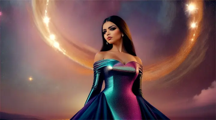 Mujer bella brasileña look opulento y elegante, background galaxy nebulosa y fuegos artificiales.