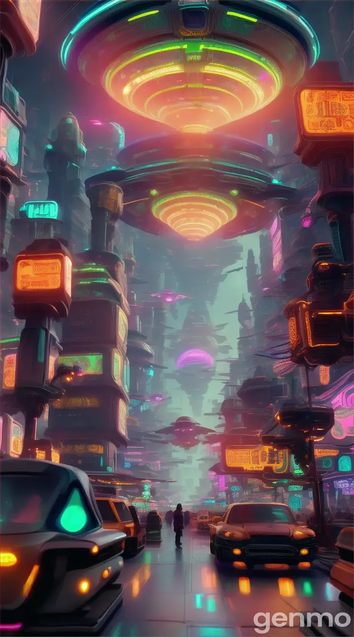 A futuristic market in a bustling city on another planet, with unique alien architecture and glowing signs