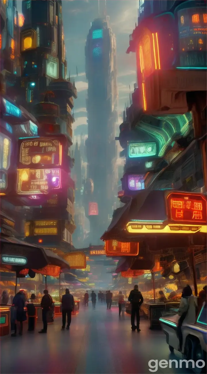 A futuristic market in a bustling city on another planet, with unique alien architecture and glowing signs