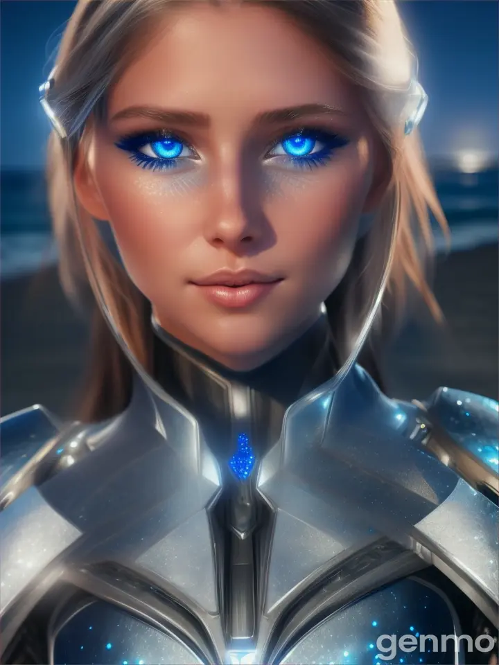 A beautiful realistic girl with golden hair in a dark blue futuristic suit with silver jewelry walks along the night beach, she has expressive blue eyes full of feelings, she looks at the night sea, where the waves crash against the shore. Seagulls fly around.
A seagull lands on her hand. Romantic night atmosphere, a huge moon shines and its radiance is reflected in everything, in the eyes.