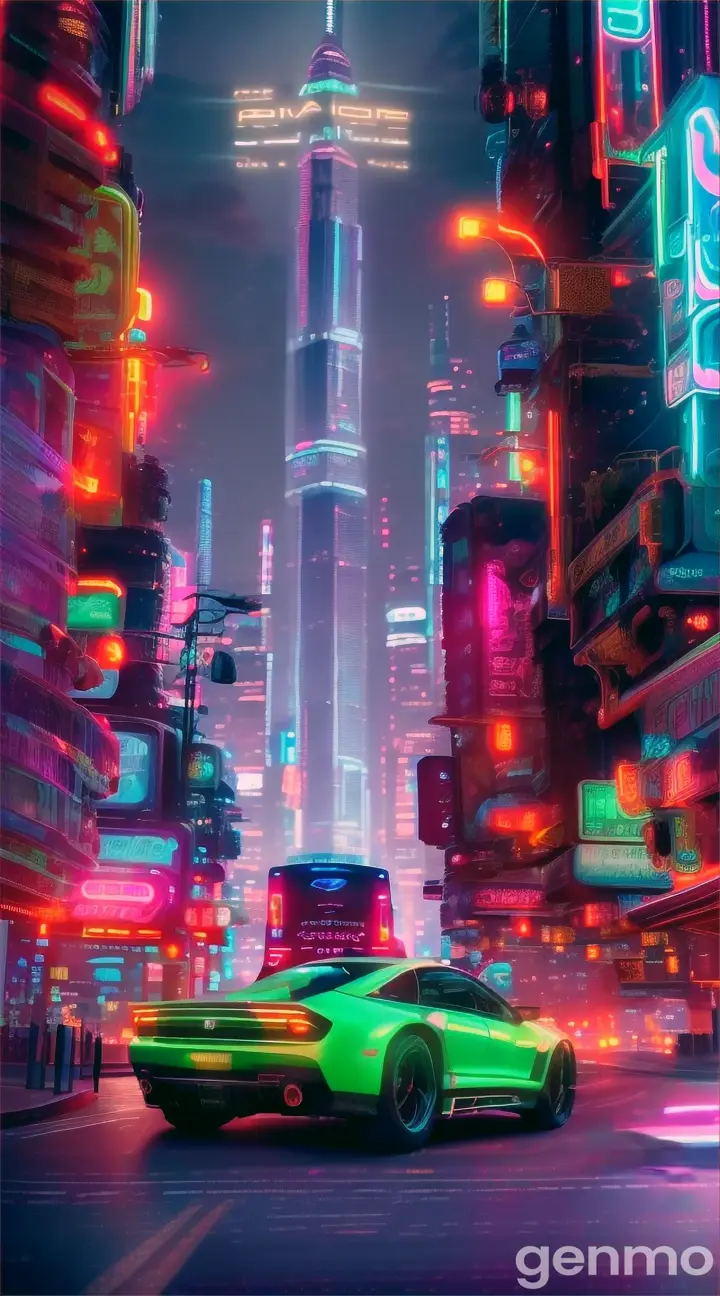 A bustling street with neon and fluorescent highlights, showcasing the nightlife of the futuristic market