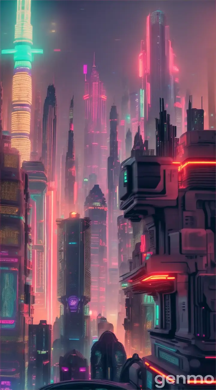 A futuristic alien cityscape with towering buildings lit in neon colors, a crowded street bustling with extraterrestrial beings