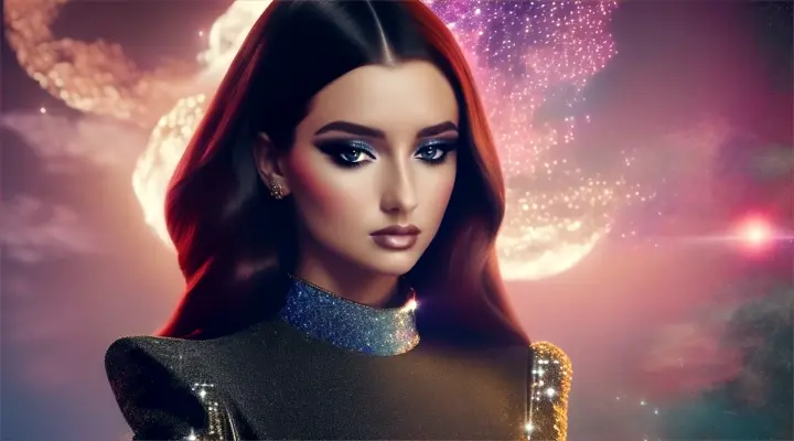 Mujer bella australiana look opulento y elegante, background galaxy nebulosa y fuegos artificiales.