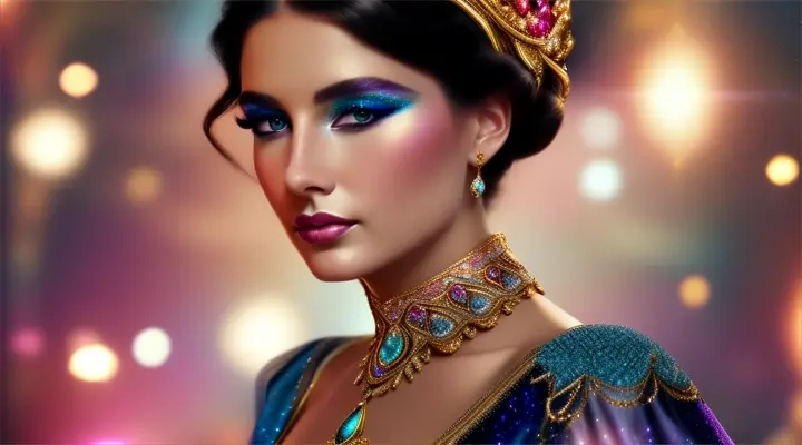 Mujer bella australiana look opulento y elegante, background galaxy nebulosa y fuegos artificiales.