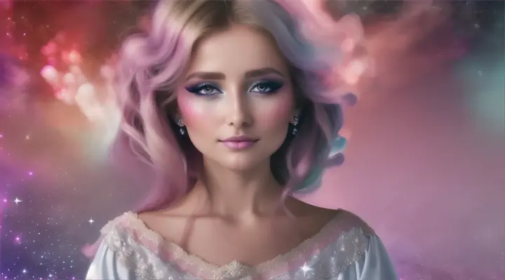 Mujer bella australiana look opulento y elegante, background galaxy nebulosa y fuegos artificiales.