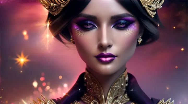 Mujer bella australiana look opulento y elegante, background galaxy nebulosa y fuegos artificiales.