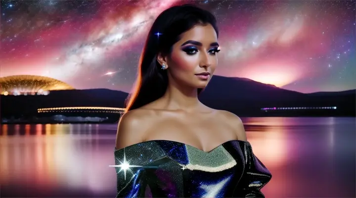 Mujer bella australiana look opulento y elegante, background galaxy nebulosa y fuegos artificiales.