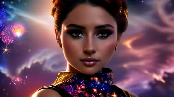 Mujer bella australiana look opulento y elegante, background galaxy nebulosa y fuegos artificiales.