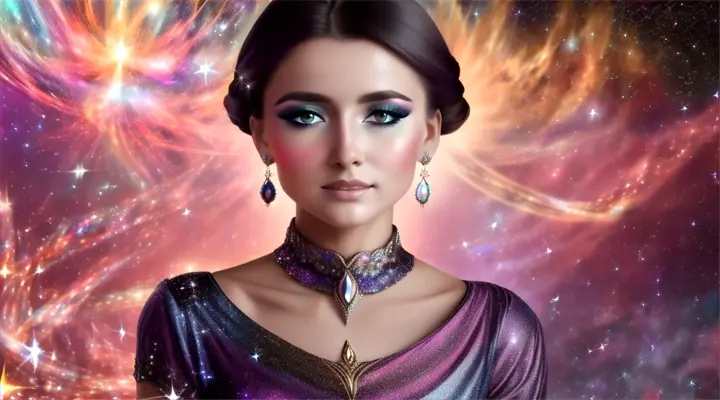 Mujer bella australiana look opulento y elegante, background galaxy nebulosa y fuegos artificiales.