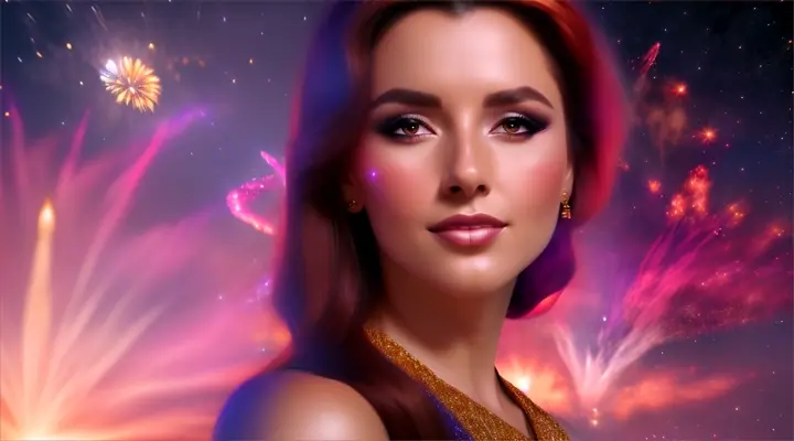 Mujer bella australiana look opulento y elegante, background galaxy nebulosa y fuegos artificiales.