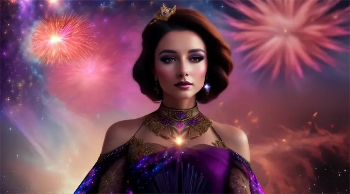 Mujer bella australiana look opulento y elegante, background galaxy nebulosa y fuegos artificiales.