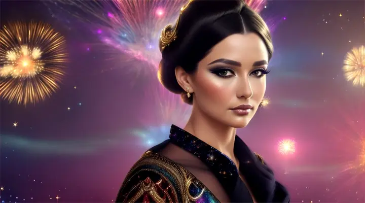 Mujer bella australiana look opulento y elegante, background galaxy nebulosa y fuegos artificiales.