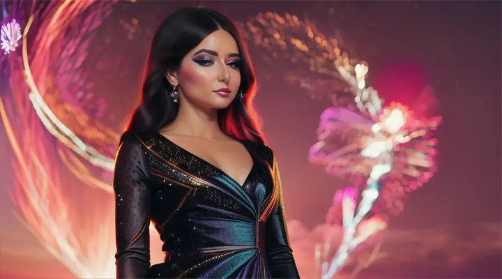 Mujer bella australiana look opulento y elegante, background galaxy nebulosa y fuegos artificiales.