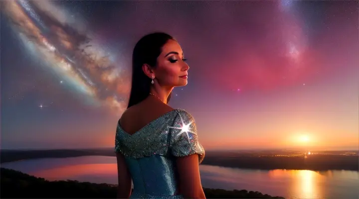 Mujer bella australiana look opulento y elegante, background galaxy nebulosa y fuegos artificiales.